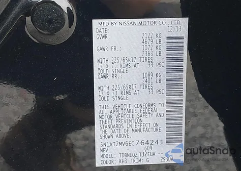 2014 Nissan Rogue Sv z USA, uszkodzony, nr VIN 5N1AT2MV6EC764241